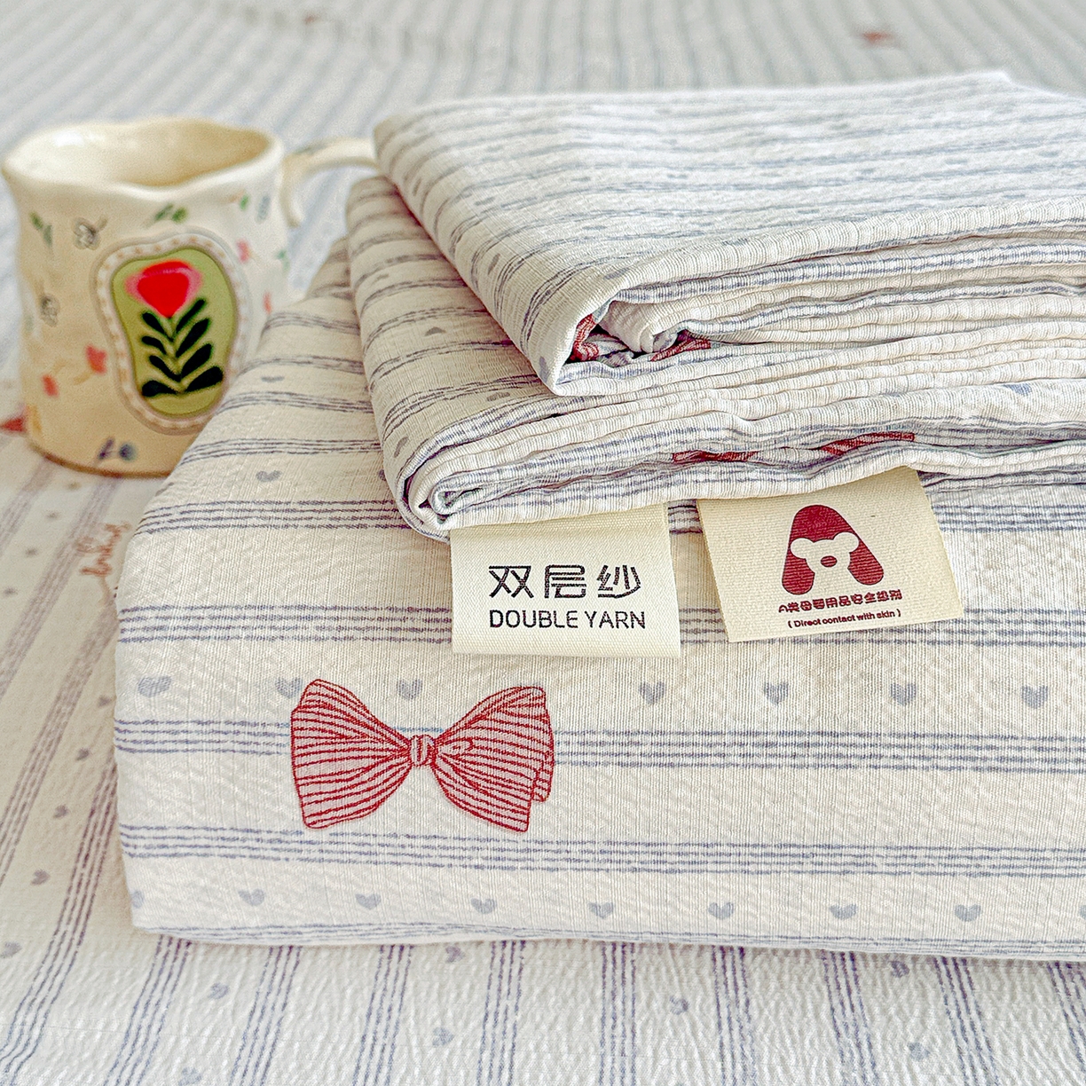 仟人梦 2026新款云感双层纱印花单床单-叠拍图 清新条纹