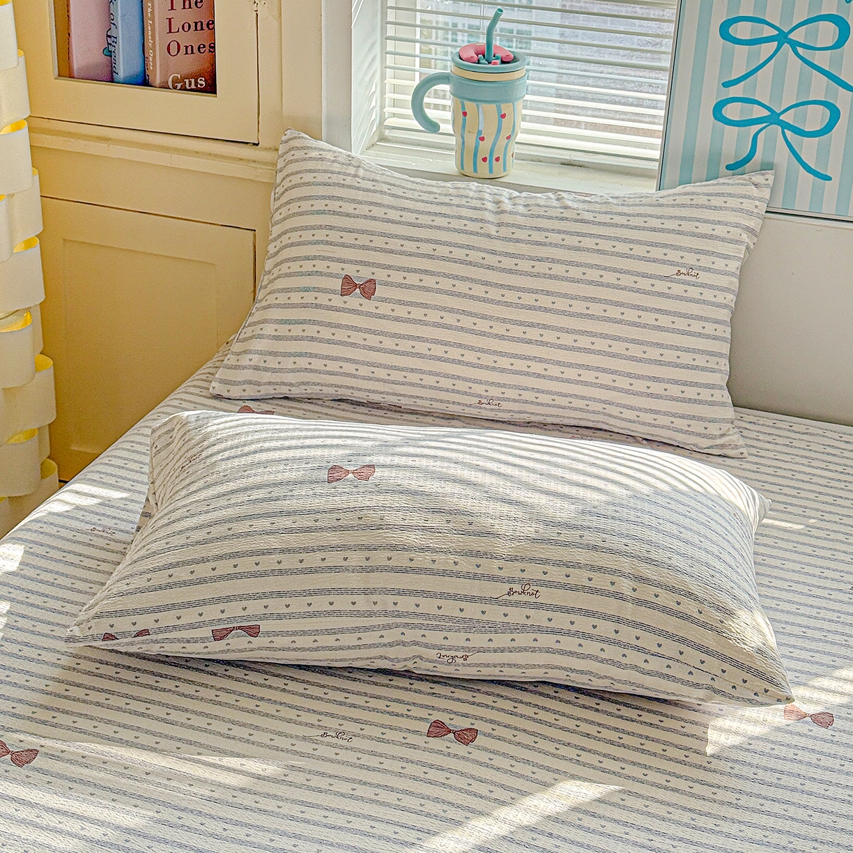 91家纺网 家纺一手货源 找家纺 仟人梦 2026新款云感双层纱印花单床单-叠拍图 清新条纹