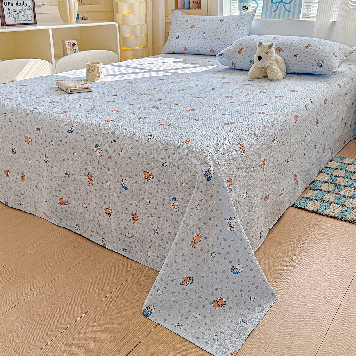 91家纺网 家纺一手货源 找家纺 仟人梦 2026新款云感双层纱印花单床单-叠拍图 淘气狗