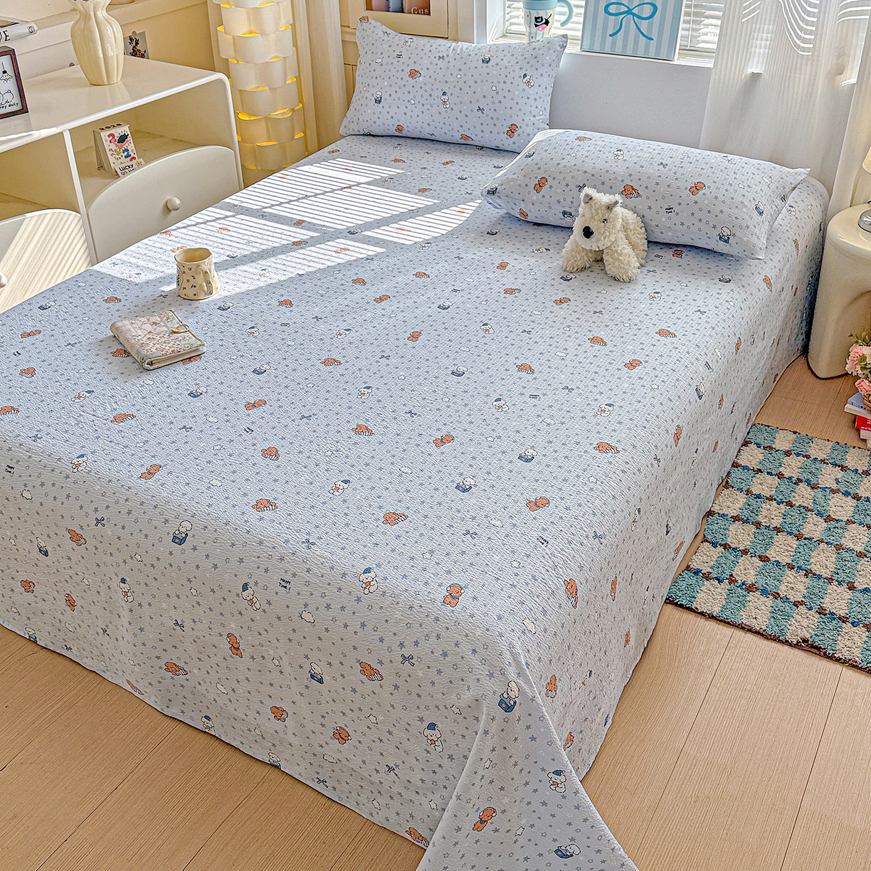 91家纺网 家纺一手货源 找家纺 仟人梦 2026新款云感双层纱印花单床单-叠拍图 淘气狗