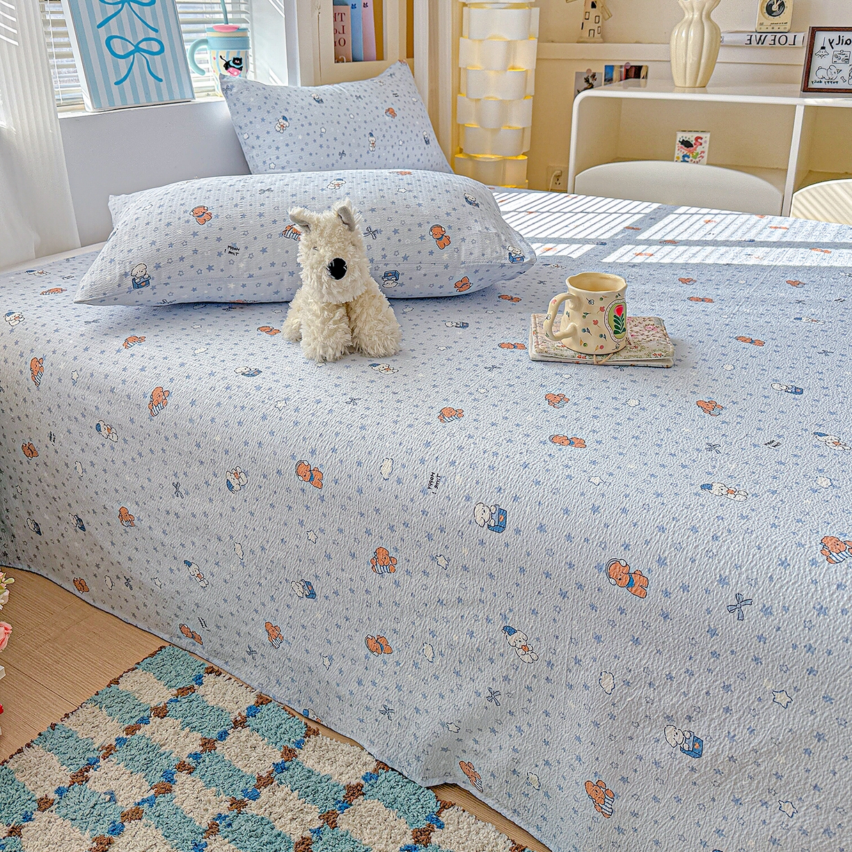 91家纺网 家纺一手货源 找家纺 仟人梦 2026新款云感双层纱印花单床单-叠拍图 淘气狗