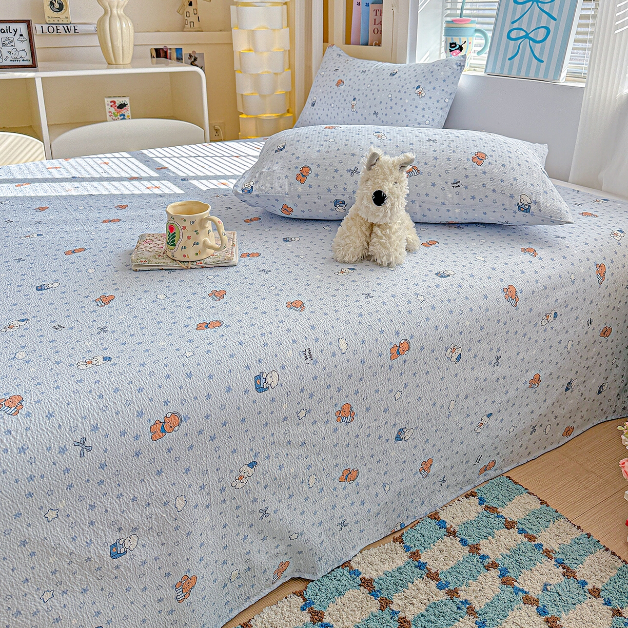 91家纺网 家纺一手货源 找家纺 仟人梦 2026新款云感双层纱印花单床单-叠拍图 淘气狗