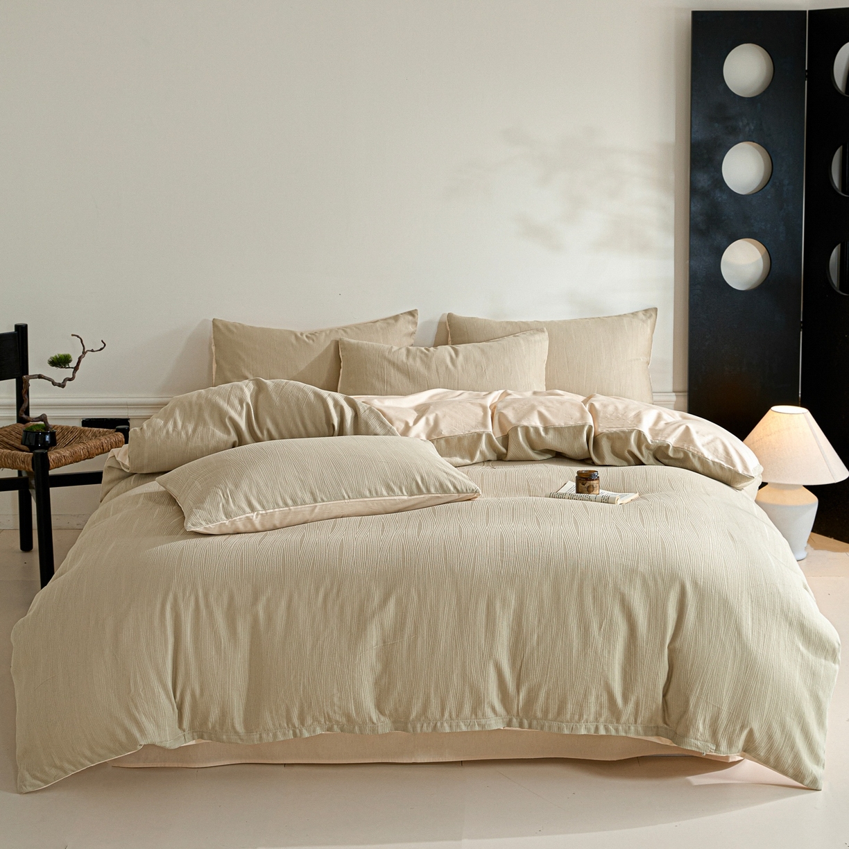 91家纺网 家纺一手货源 找家纺 眠博士 2026春夏新款60s全棉纯棉水洗立体提花四件套 麦浪-卡其