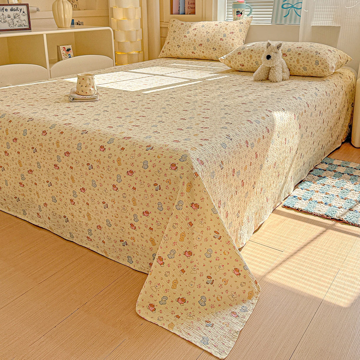 91家纺网 家纺一手货源 找家纺 仟人梦 2026新款云感双层纱印花单床单-叠拍图 西高地