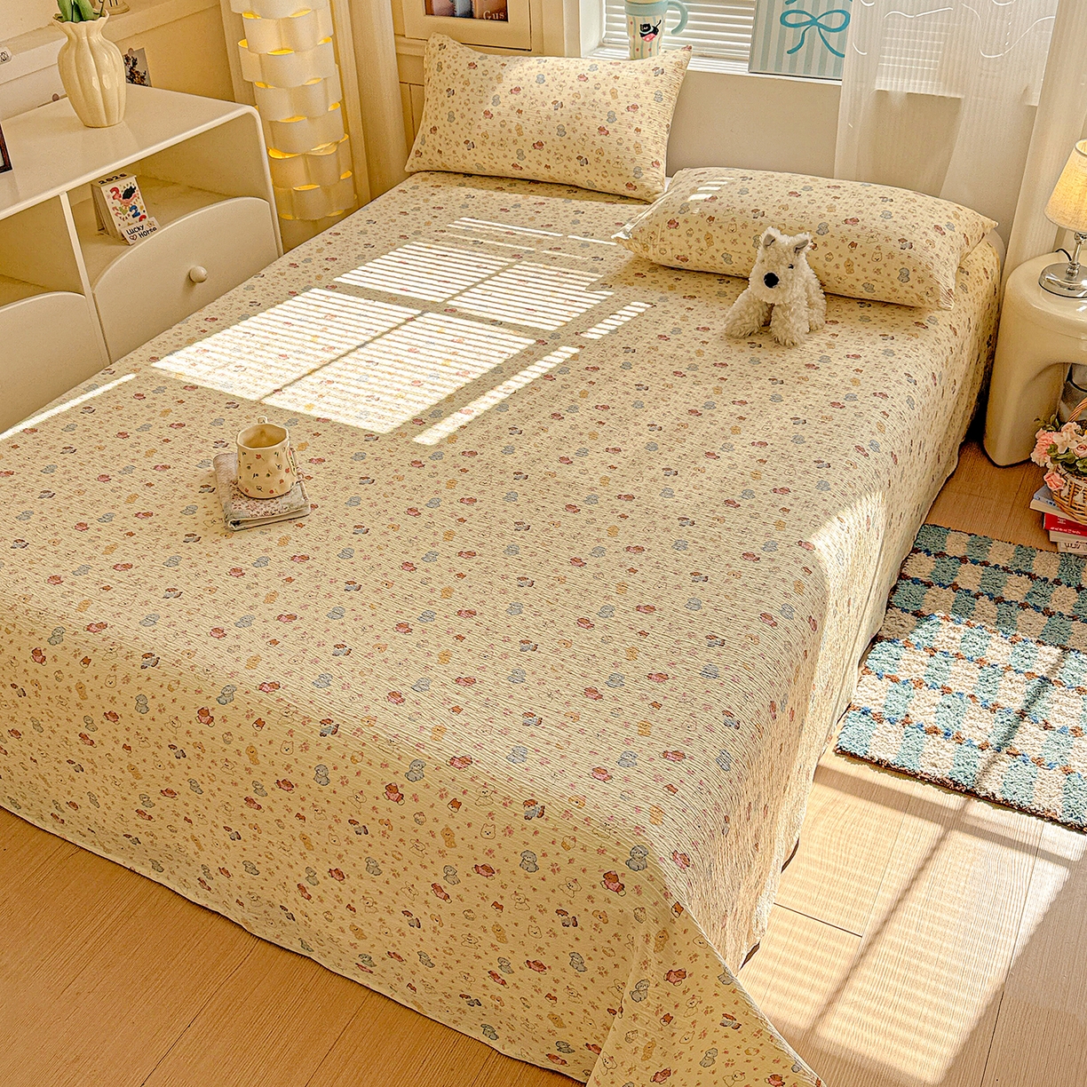 91家纺网 家纺一手货源 找家纺 仟人梦 2026新款云感双层纱印花单床单-叠拍图 西高地