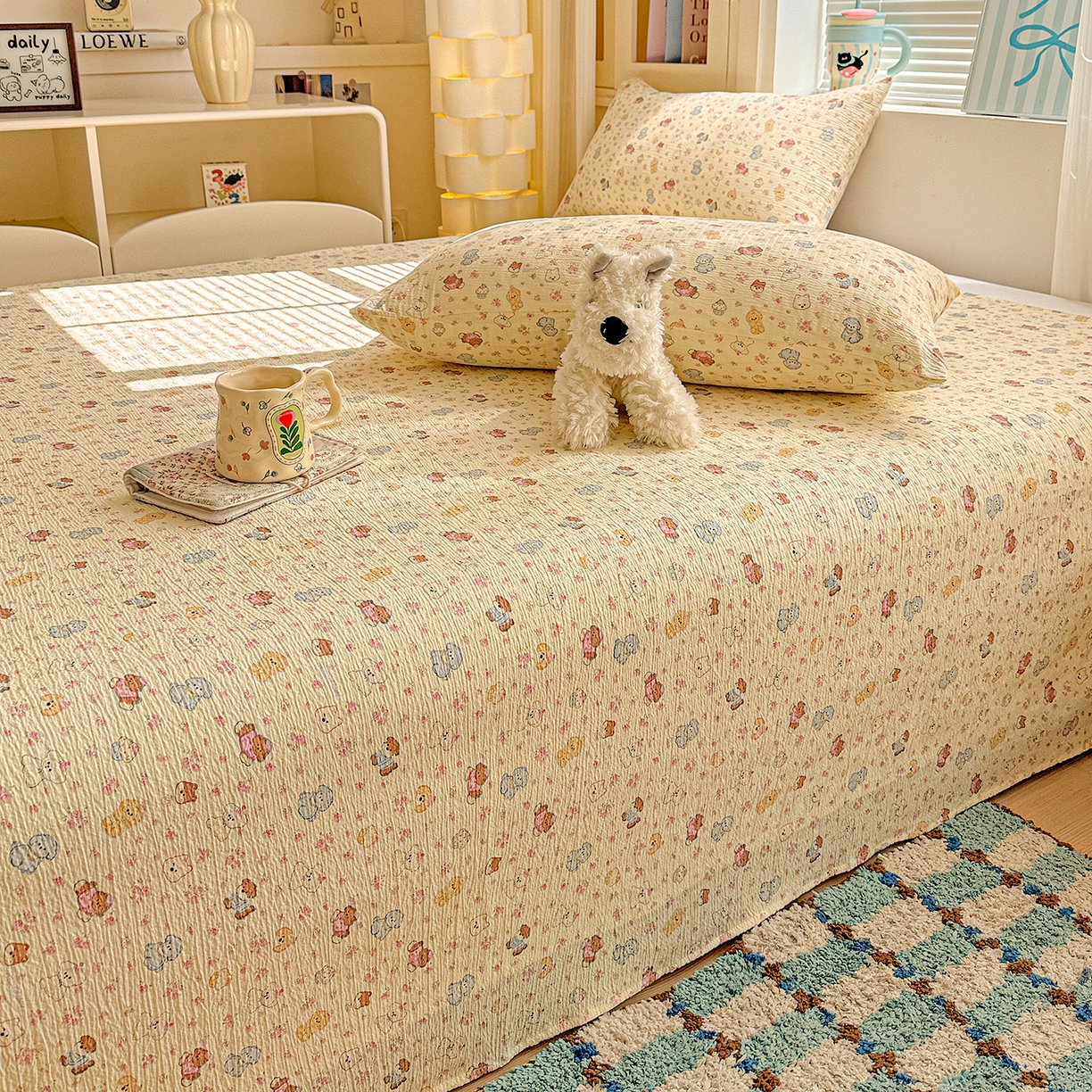 91家纺网 家纺一手货源 找家纺 仟人梦 2026新款云感双层纱印花单床单-叠拍图 西高地