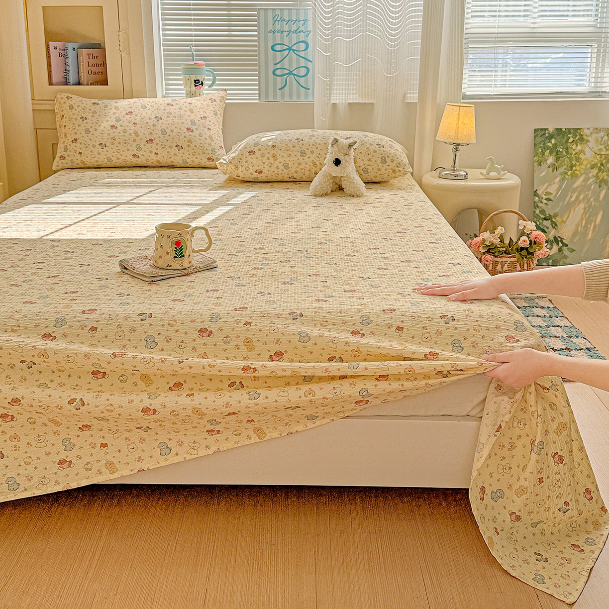 91家纺网 家纺一手货源 找家纺 仟人梦 2026新款云感双层纱印花单床单-叠拍图 西高地