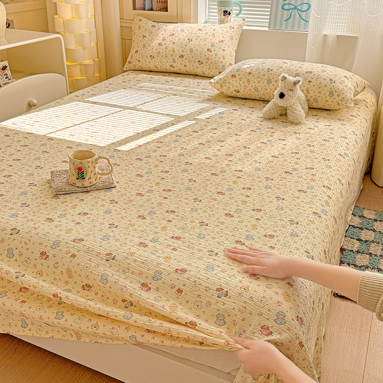 91家纺网 家纺一手货源 找家纺 仟人梦 2026新款云感双层纱印花单床单-叠拍图 西高地