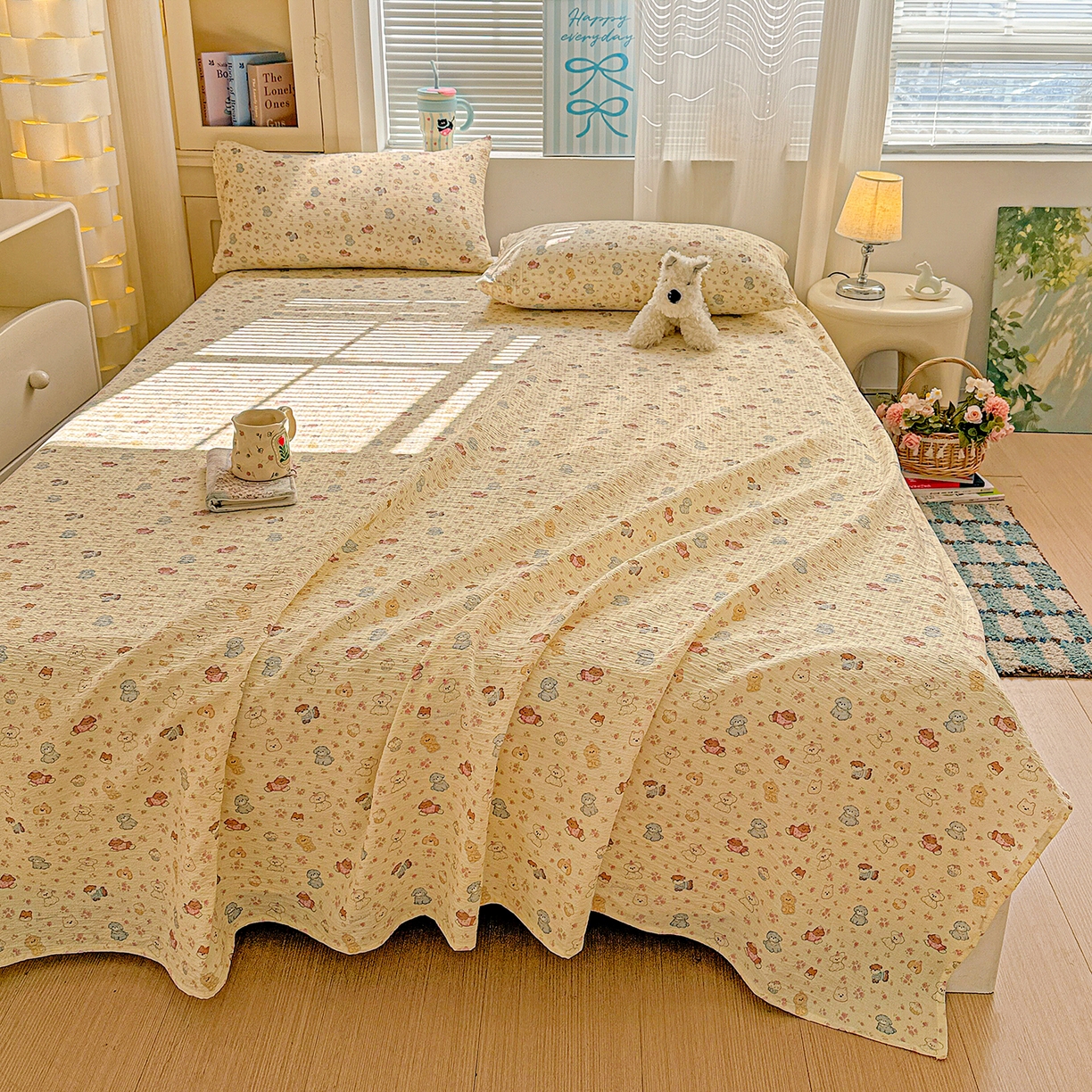 91家纺网 家纺一手货源 找家纺 仟人梦 2026新款云感双层纱印花单床单-叠拍图 西高地