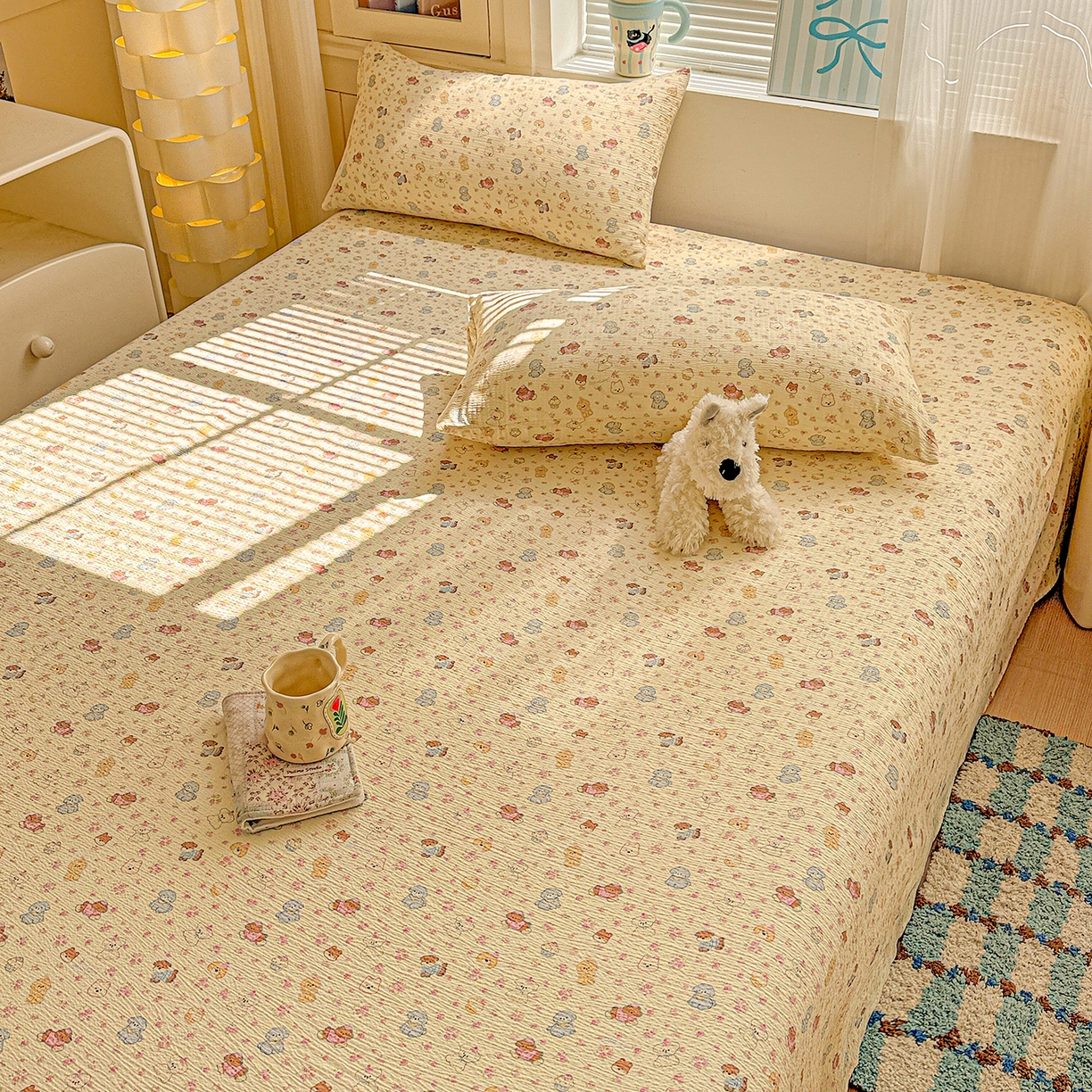 91家纺网 家纺一手货源 找家纺 仟人梦 2026新款云感双层纱印花单床单-叠拍图 西高地