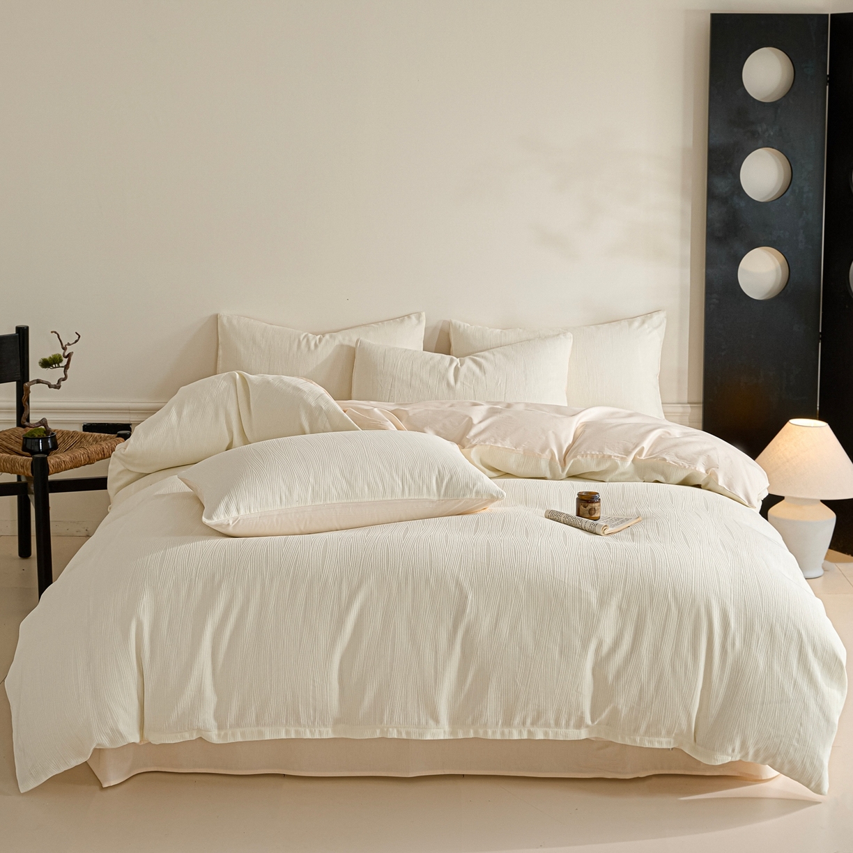 91家纺网 家纺一手货源 找家纺 眠博士 2026春夏新款60s全棉纯棉水洗立体提花四件套 麦浪-奶白