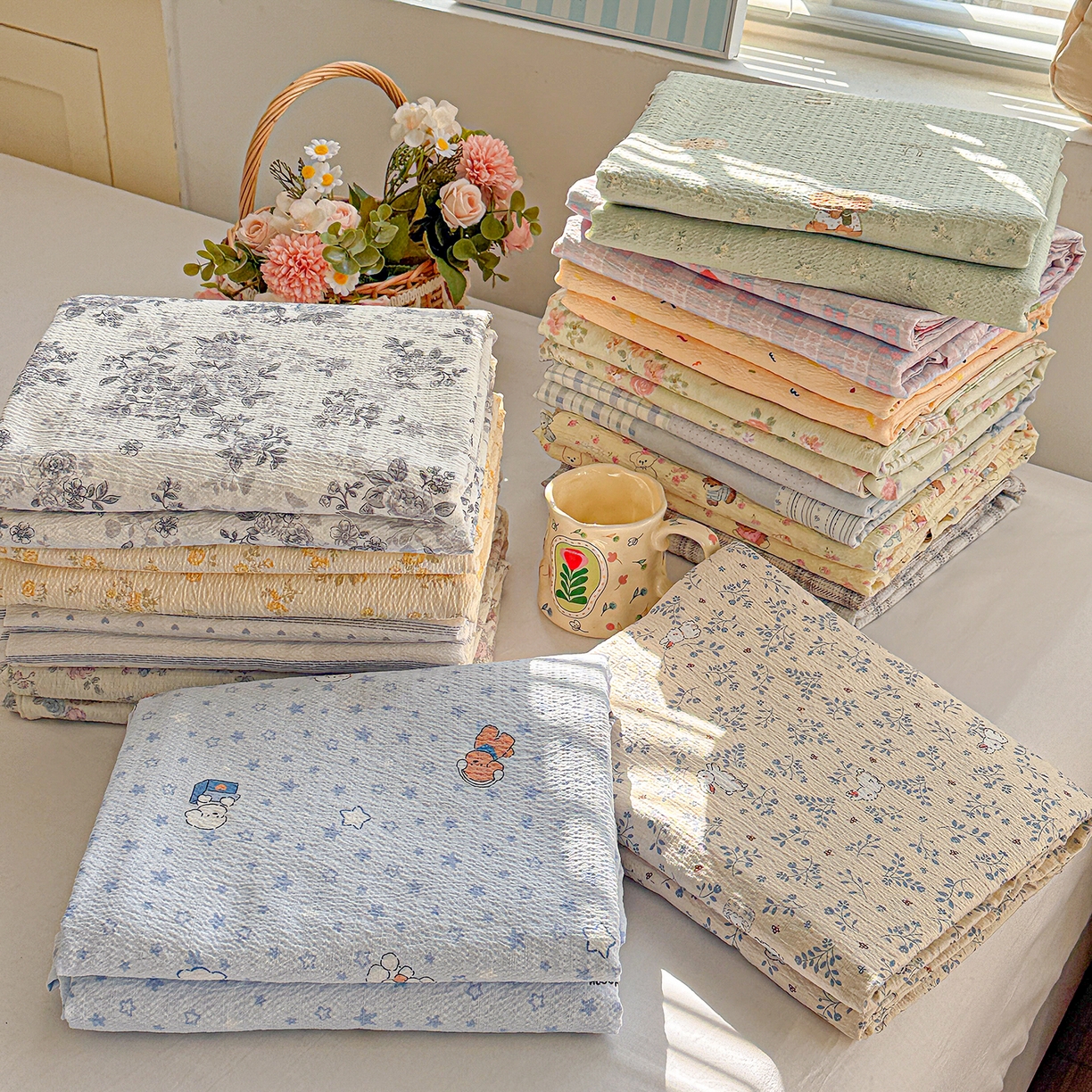 91家纺网 家纺一手货源 找家纺 仟人梦 2026新款云感双层纱印花单床单-叠拍图 组合图