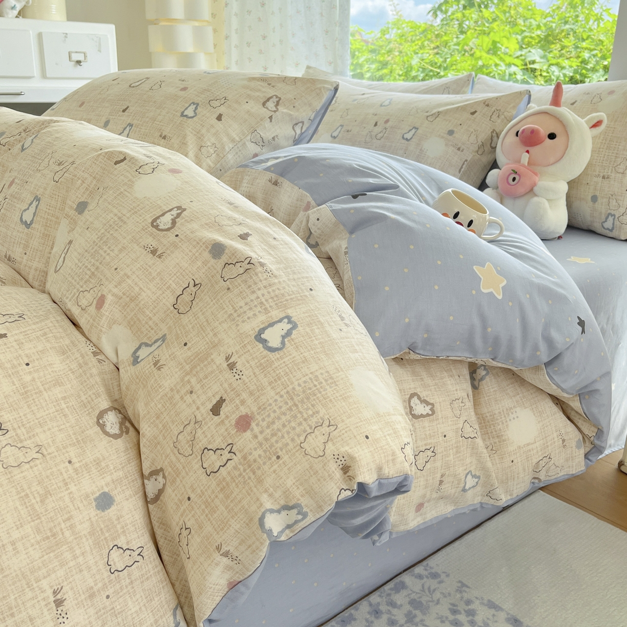 91家纺网 家纺一手货源 找家纺 晨希家居 2026新款全棉13070印花四件套（提供买家秀） 全棉-棉野云兔