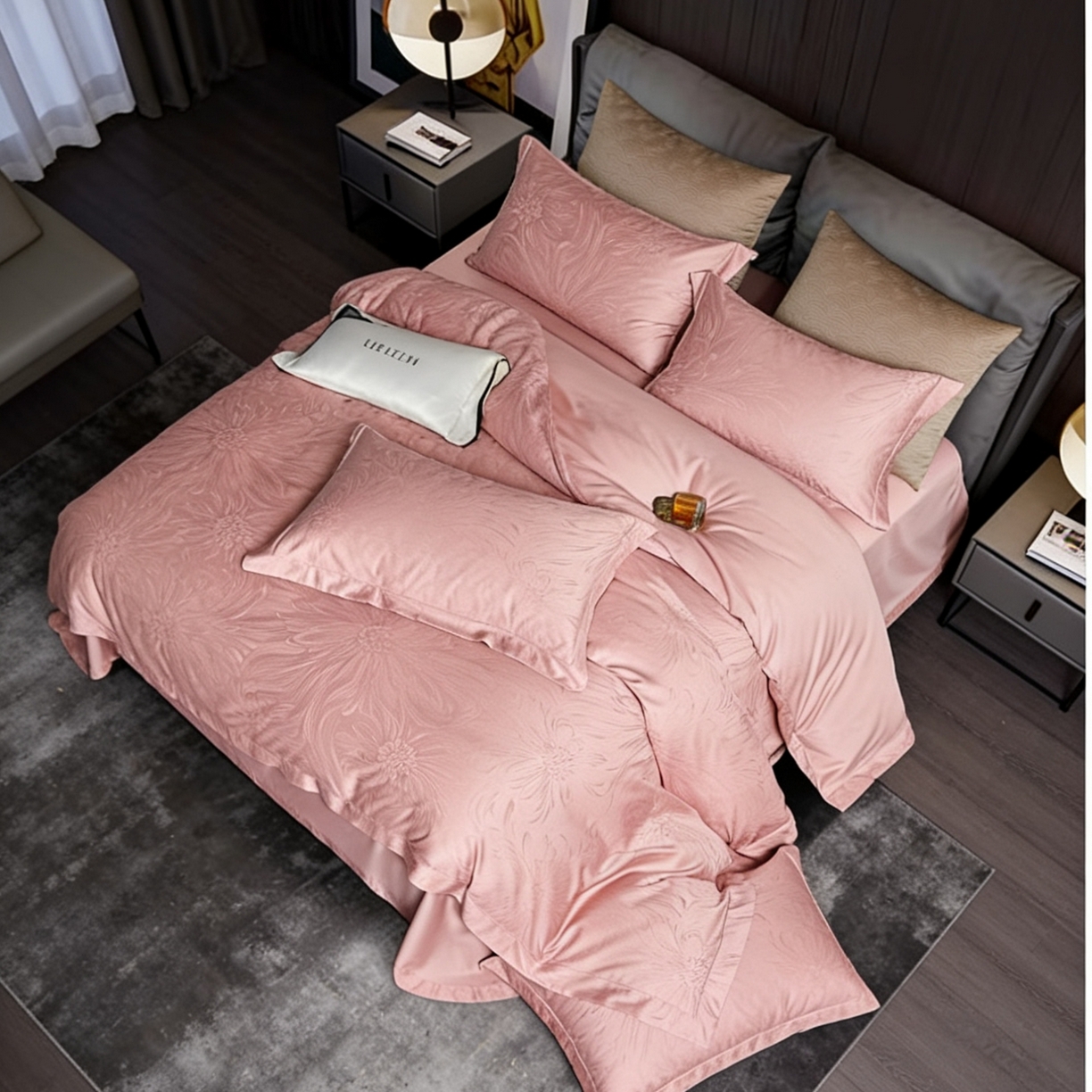 91家纺网 家纺一手货源 找家纺 淳绵 2026新款全棉提花四件套 罗卡芙 豆沙