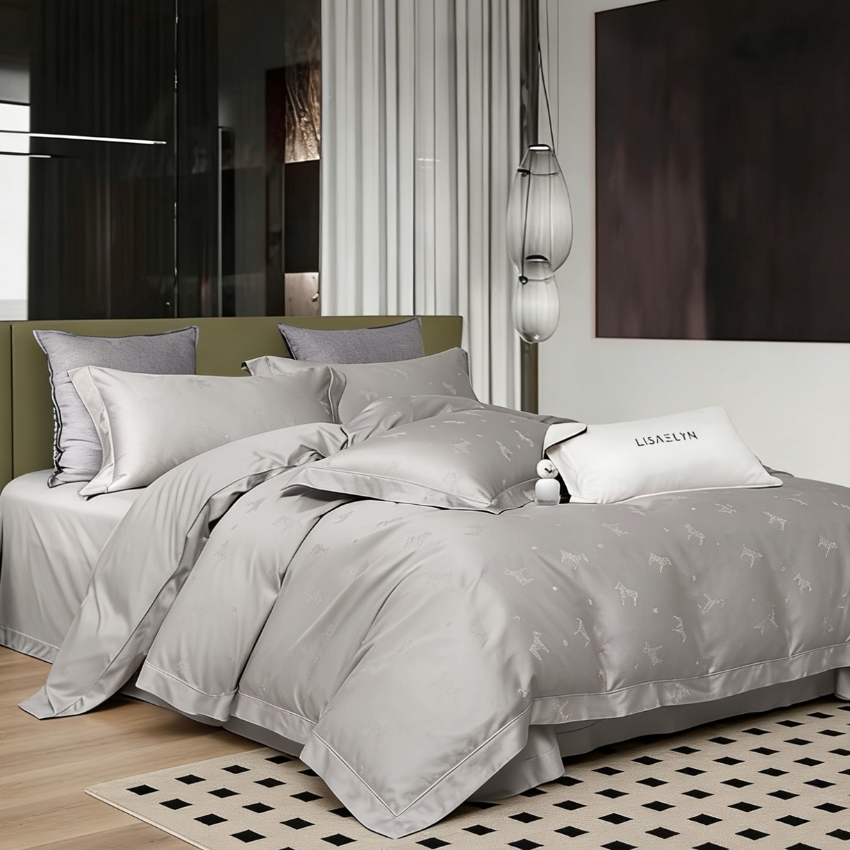 91家纺网 家纺一手货源 找家纺 淳绵 2026新款全棉提花四件套 马到成功 月光灰