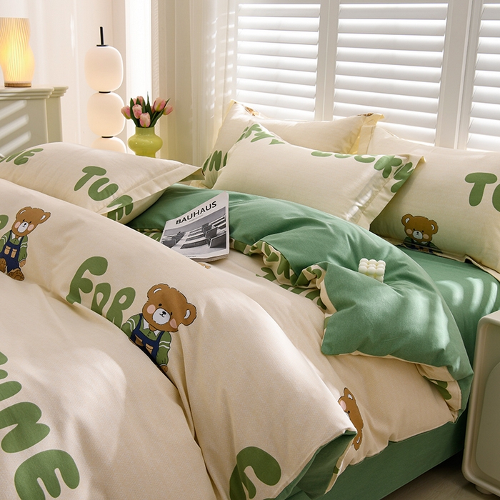 91家纺网 家纺一手货源 找家纺 董成龙 2026新款直播爆款加厚全棉活性磨毛四件套纯棉三件套 瑞迪熊-绿