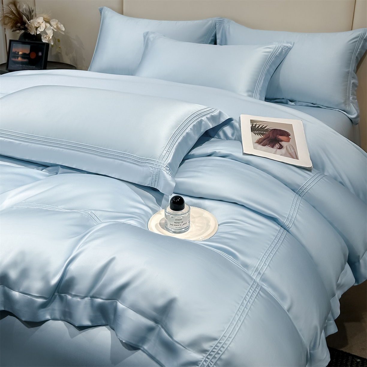 91家纺网 家纺一手货源 找家纺 笙意家纺 2026新款水洗真丝埋线款四件套-恩瑞系列 恩瑞-天空蓝