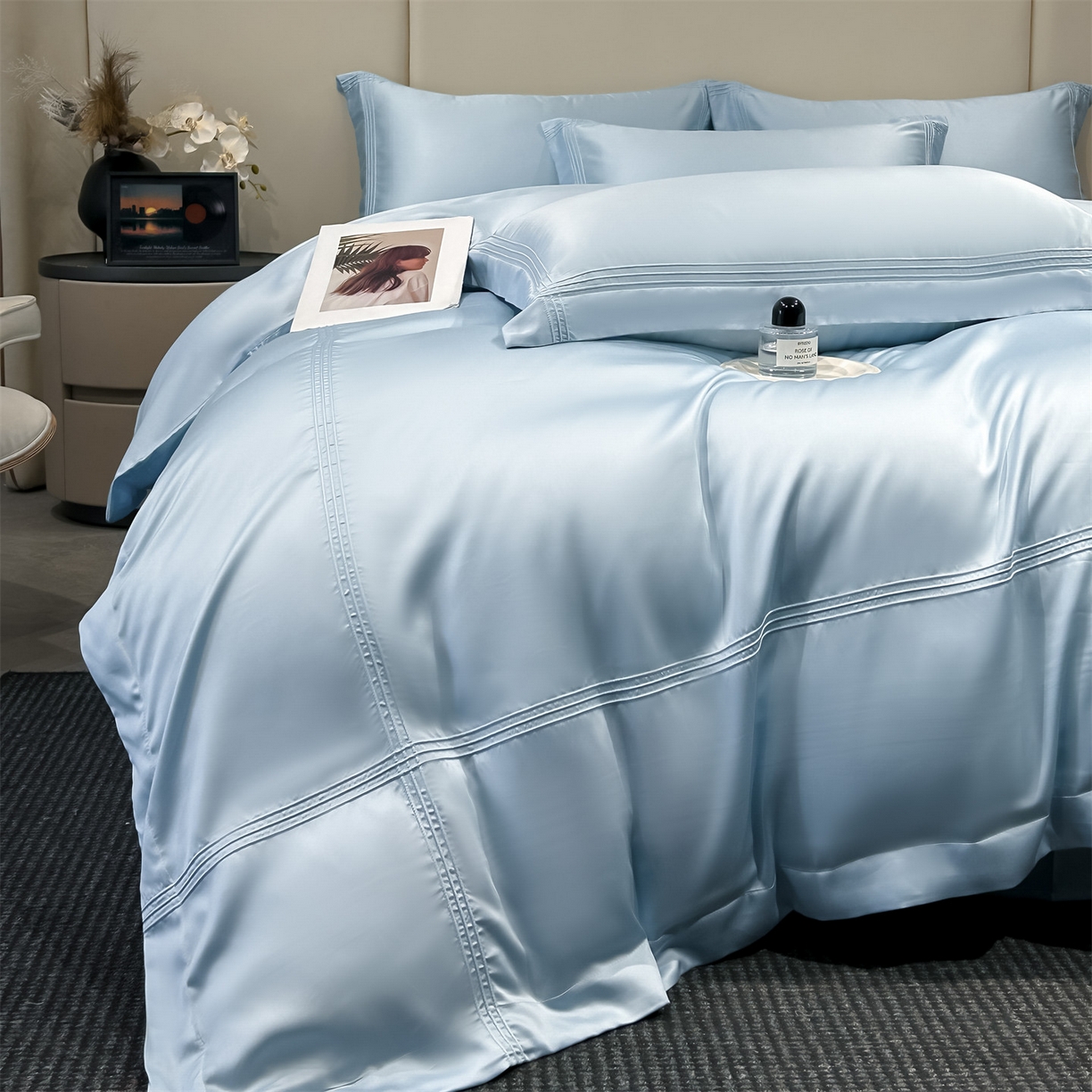 91家纺网 家纺一手货源 找家纺 笙意家纺 2026新款水洗真丝埋线款四件套-恩瑞系列 恩瑞-天空蓝