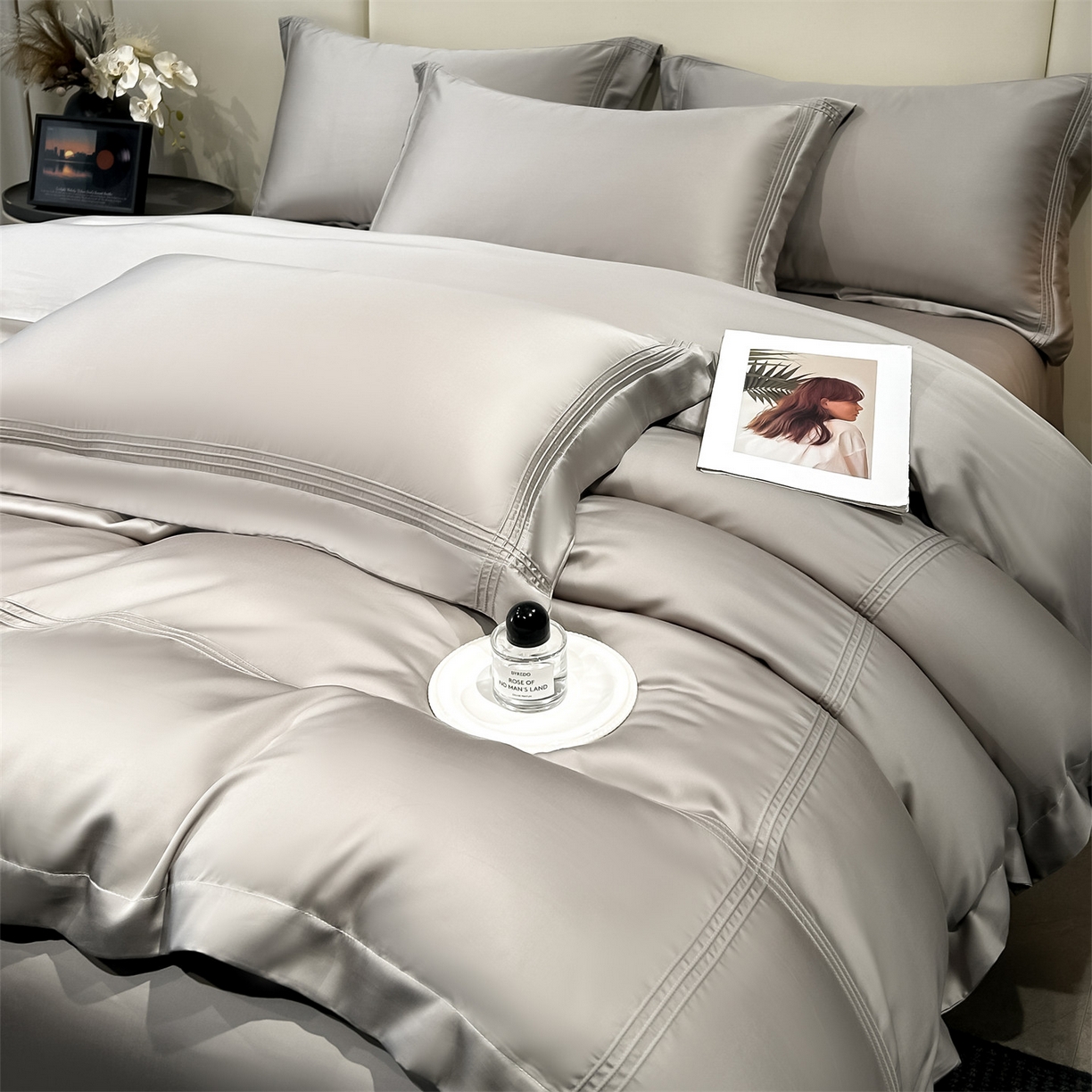 91家纺网 家纺一手货源 找家纺 笙意家纺 2026新款水洗真丝埋线款四件套-恩瑞系列 恩瑞-山灰