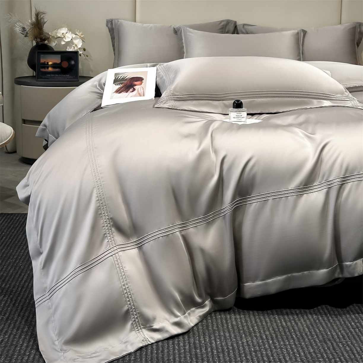 91家纺网 家纺一手货源 找家纺 笙意家纺 2026新款水洗真丝埋线款四件套-恩瑞系列 恩瑞-山灰