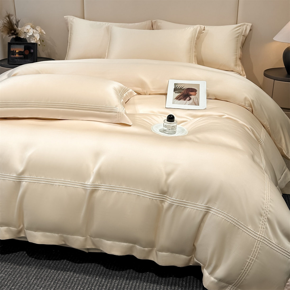 91家纺网 家纺一手货源 找家纺 笙意家纺 2026新款水洗真丝埋线款四件套-恩瑞系列 恩瑞-梧桐杏