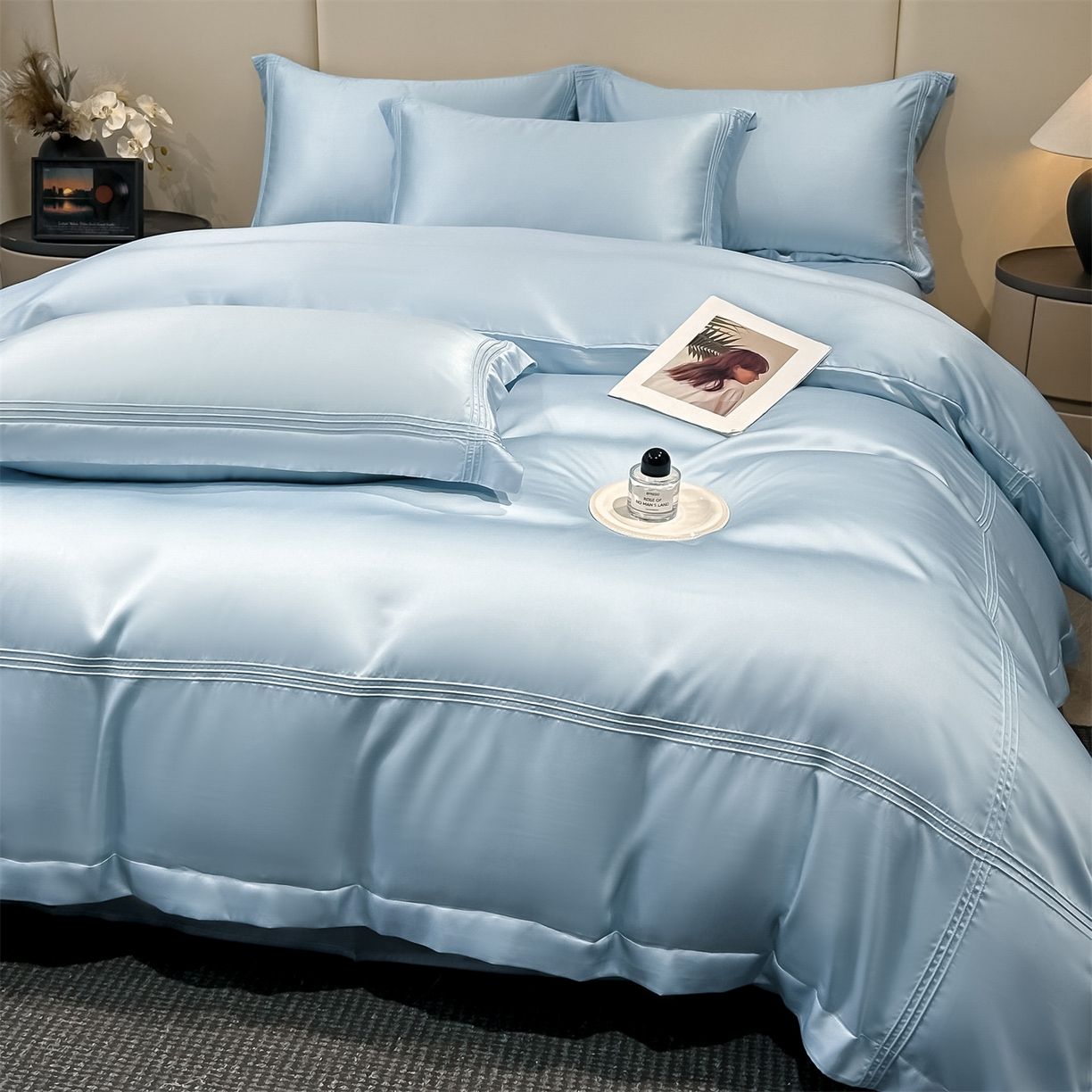 91家纺网 家纺一手货源 找家纺 笙意家纺 2026新款水洗真丝埋线款四件套-恩瑞系列 恩瑞-天空蓝