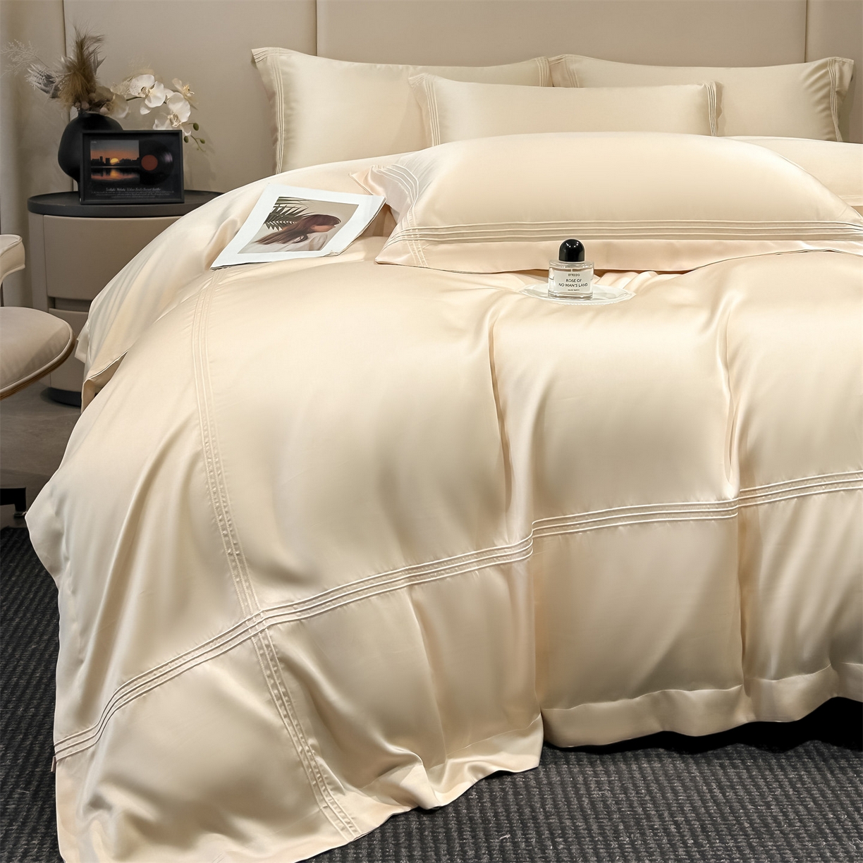 91家纺网 家纺一手货源 找家纺 笙意家纺 2026新款水洗真丝埋线款四件套-恩瑞系列 恩瑞-梧桐杏