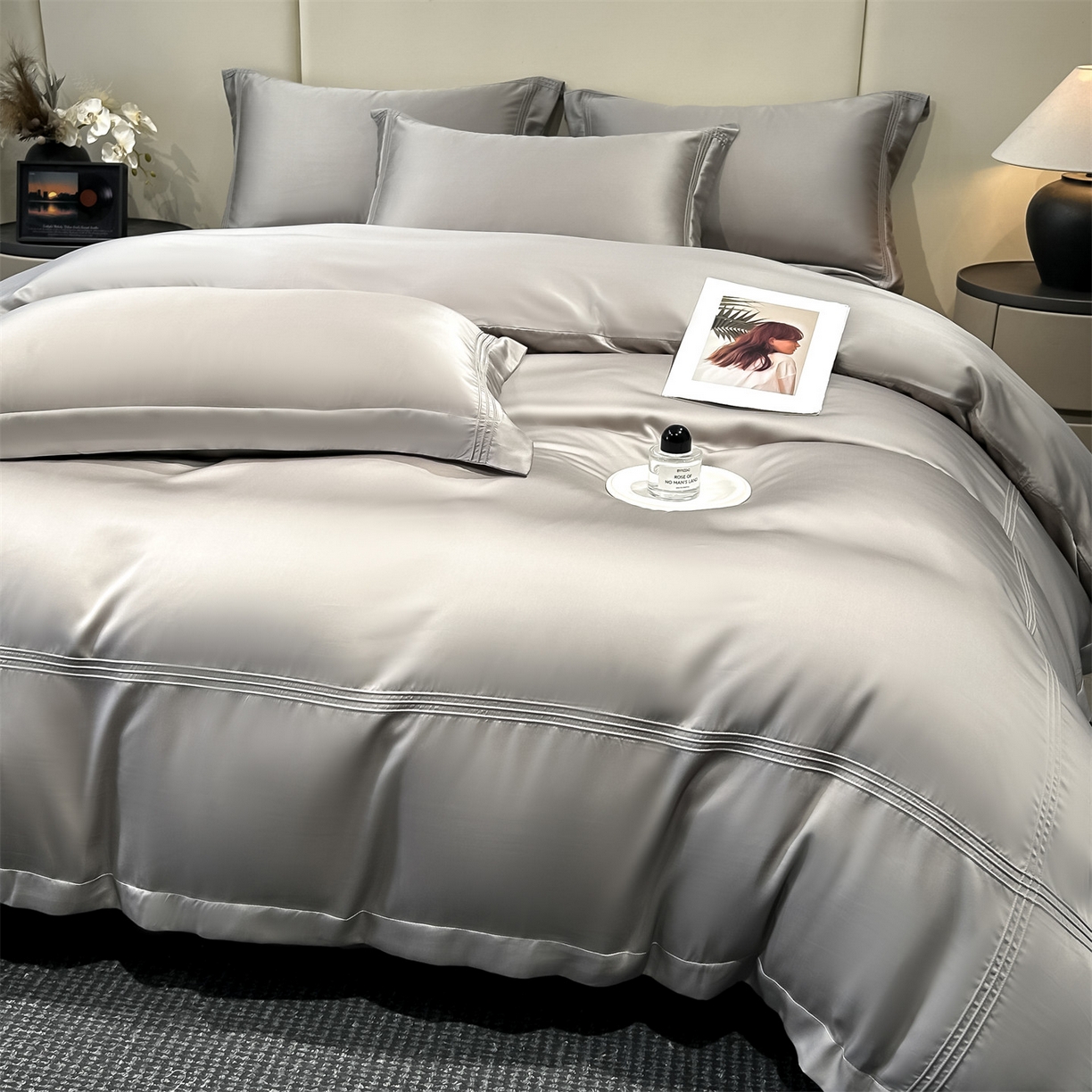 91家纺网 家纺一手货源 找家纺 笙意家纺 2026新款水洗真丝埋线款四件套-恩瑞系列 恩瑞-山灰