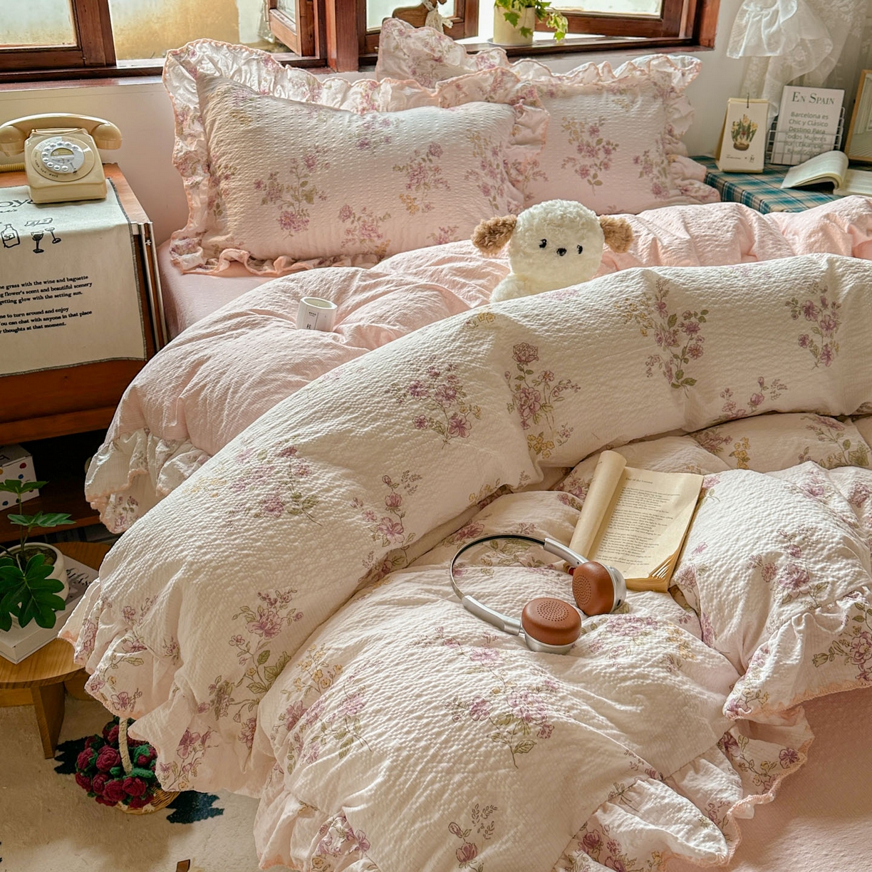 91家纺网 家纺一手货源 找家纺 梵克保罗 2026新款泡芙棉三角针被壳绣花边四件套 花染绯梦