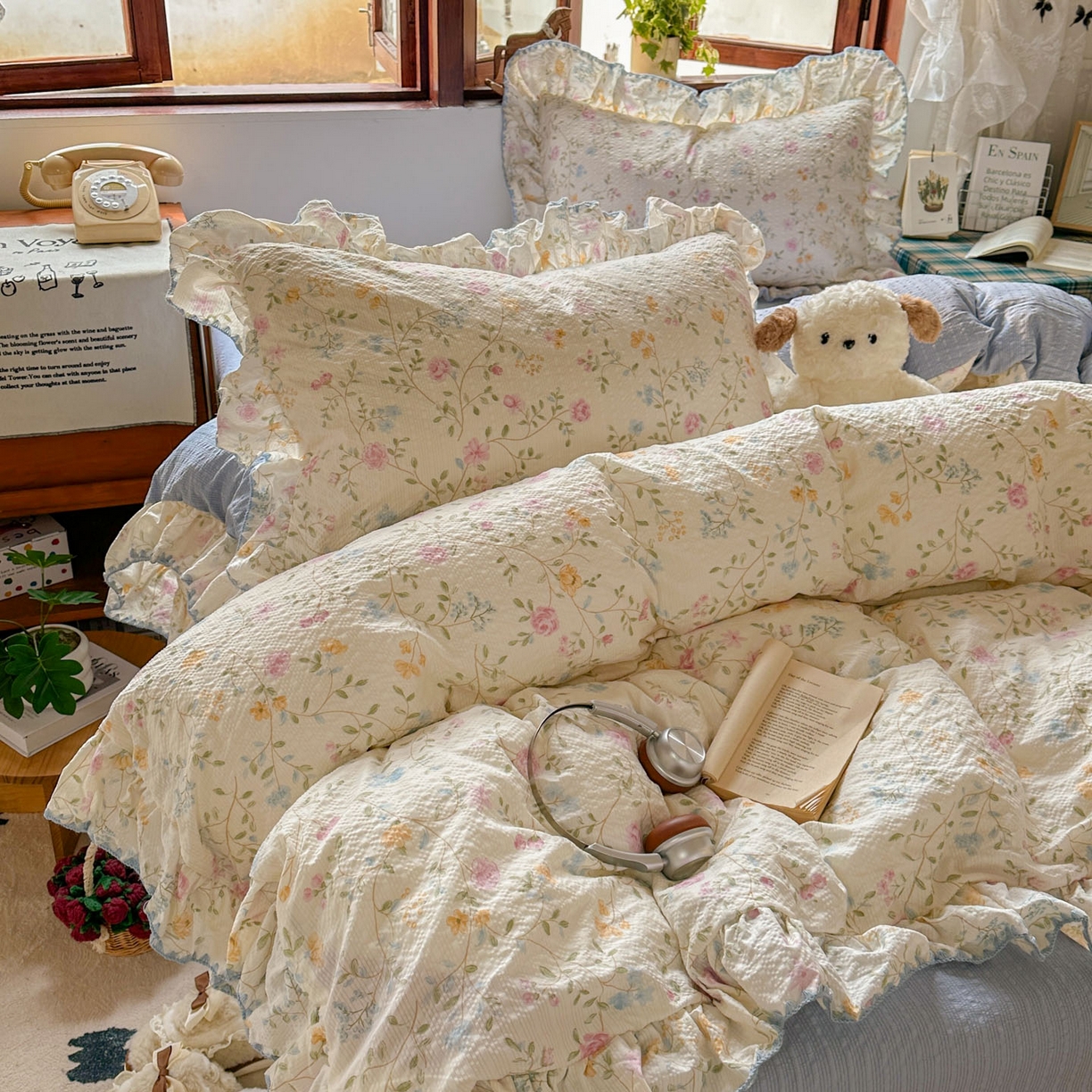 91家纺网 家纺一手货源 找家纺 梵克保罗 2026新款泡芙棉三角针被壳绣花边四件套 花野青空