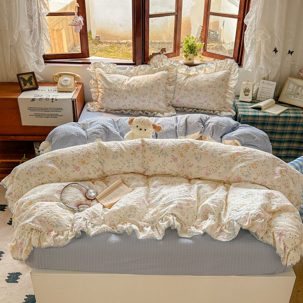 91家纺网 家纺一手货源 找家纺 梵克保罗 2026新款泡芙棉三角针被壳绣花边四件套 花野青空