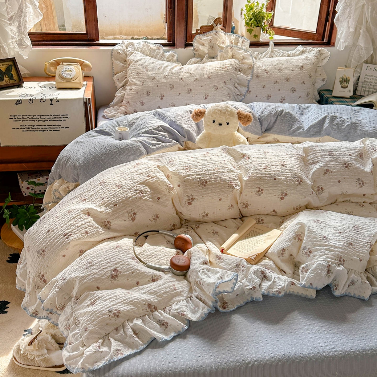 91家纺网 家纺一手货源 找家纺 梵克保罗 2026新款泡芙棉三角针被壳绣花边四件套 蓝雾花影