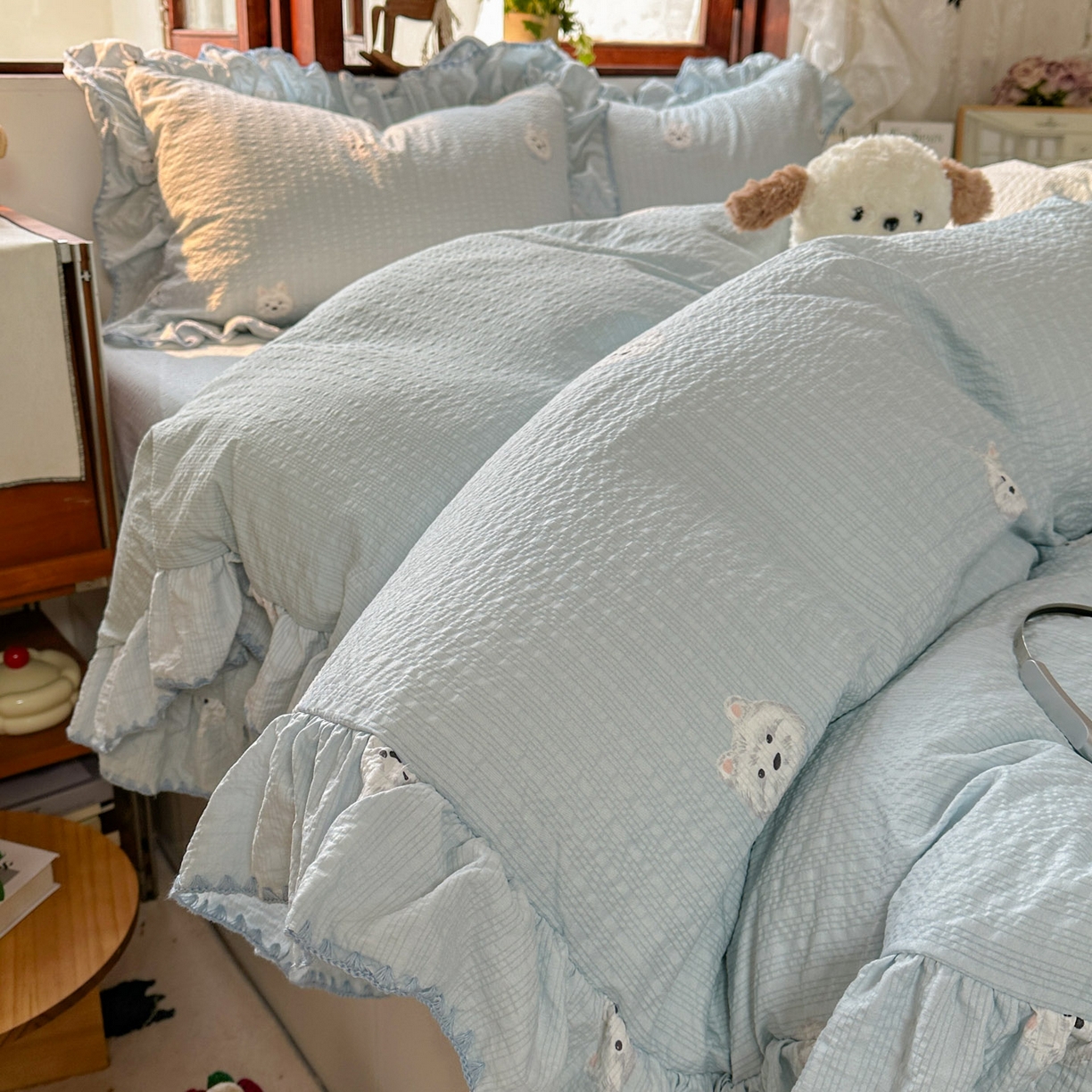 梵克保罗 2026新款泡芙棉三角针被壳绣花边四件套 蓝雾浅眠