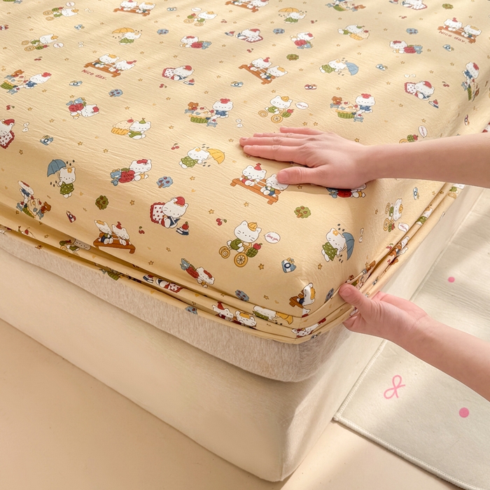 91家纺网 家纺一手货源 找家纺 一比一家纺 2026春夏新款A类仿棉单床笠床罩床笠单件 奶萌喵咖