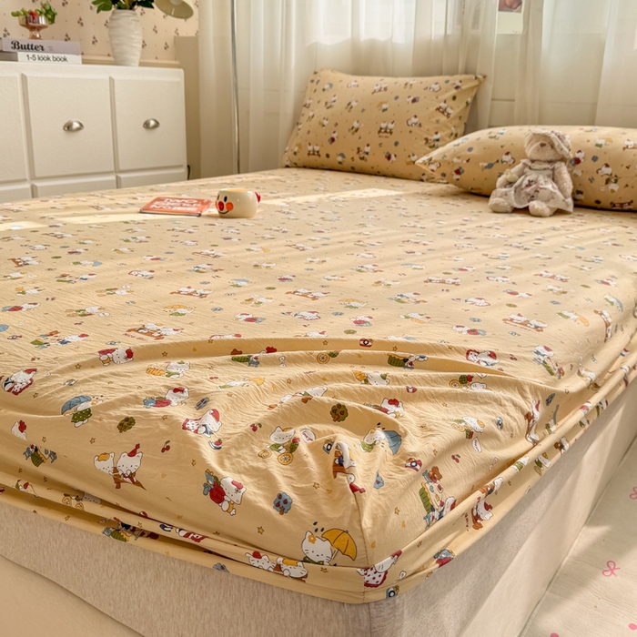 91家纺网 家纺一手货源 找家纺 一比一家纺 2026春夏新款A类仿棉单床笠床罩床笠单件 奶萌喵咖