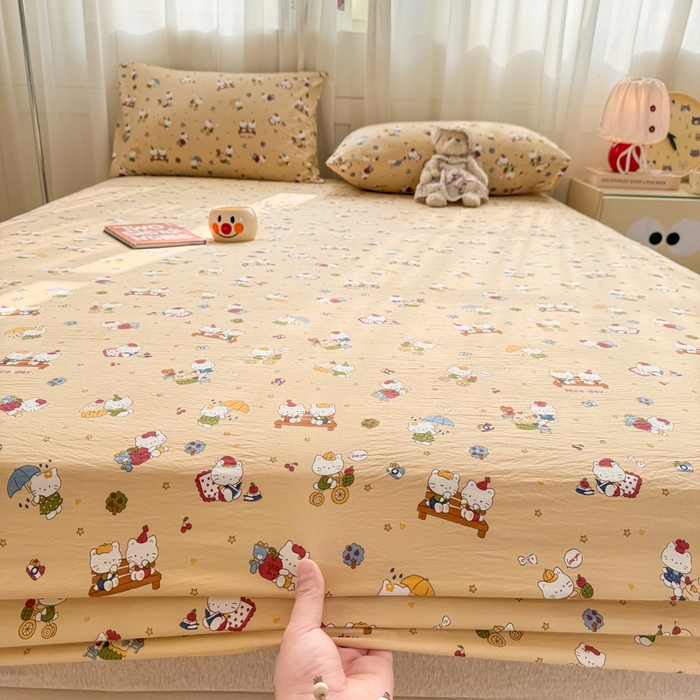 91家纺网 家纺一手货源 找家纺 一比一家纺 2026春夏新款A类仿棉单床笠床罩床笠单件 奶萌喵咖