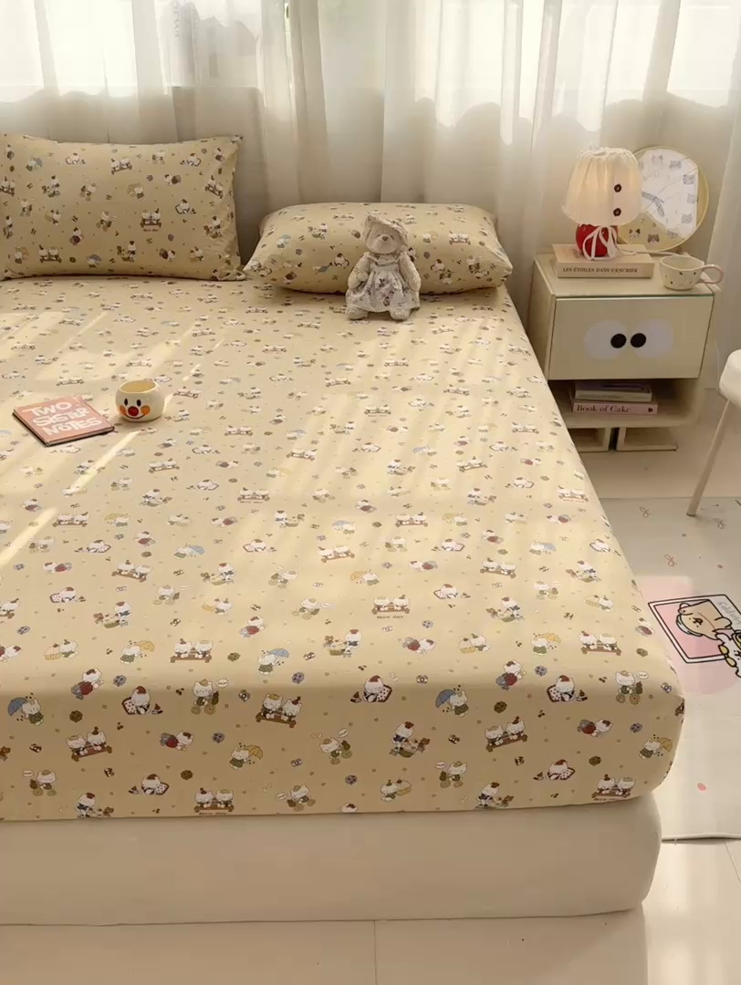 91家纺网 家纺一手货源 找家纺 一比一家纺 2026春夏新款A类仿棉单床笠床罩床笠单件 奶萌喵咖