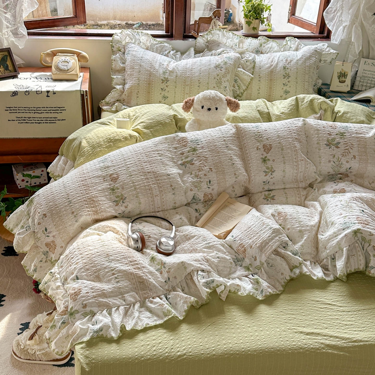 91家纺网 家纺一手货源 找家纺 梵克保罗 2026新款泡芙棉三角针被壳绣花边四件套 青野花信