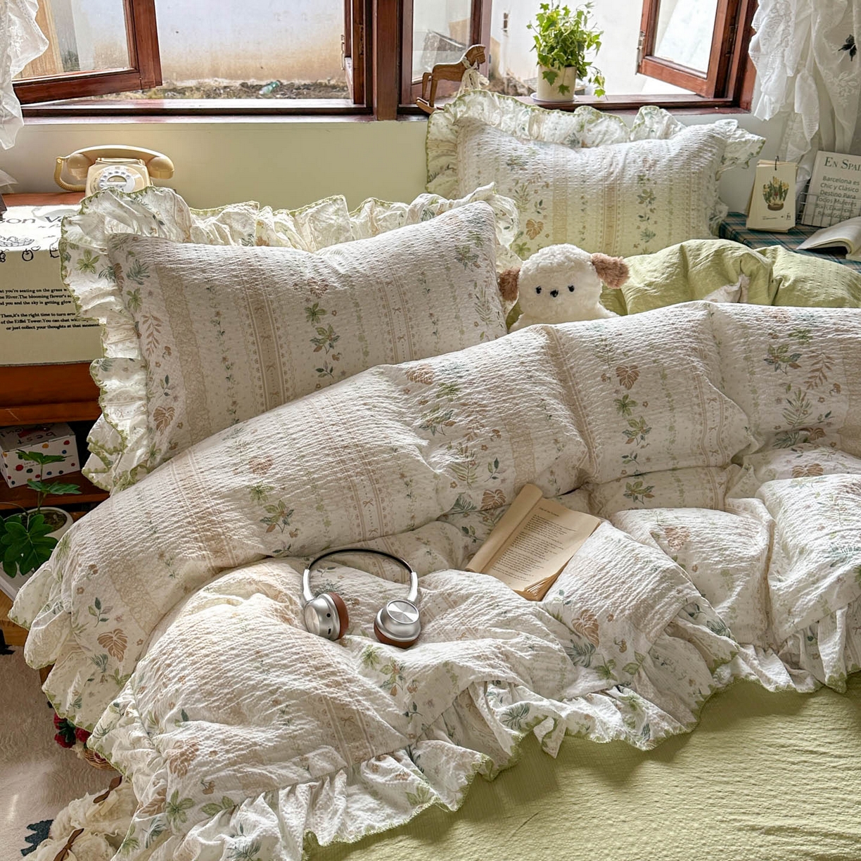 91家纺网 家纺一手货源 找家纺 梵克保罗 2026新款泡芙棉三角针被壳绣花边四件套 青野花信