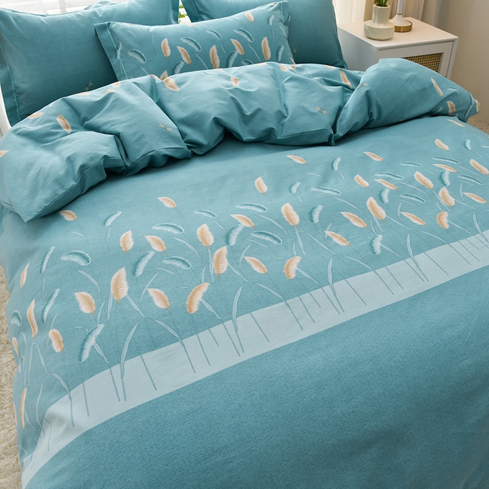 91家纺网 家纺一手货源 找家纺 董成龙 2026新款直播爆款加厚全棉活性磨毛四件套纯棉三件套 相思叶-蓝