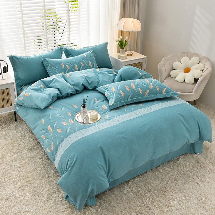 91家纺网 家纺一手货源 找家纺 董成龙 2026新款直播爆款加厚全棉活性磨毛四件套纯棉三件套 相思叶-蓝