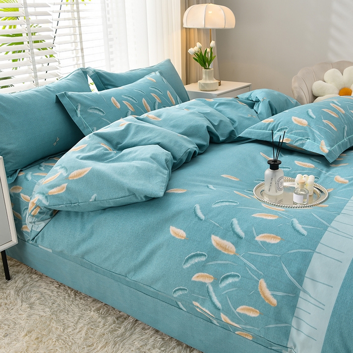 91家纺网 家纺一手货源 找家纺 董成龙 2026新款直播爆款加厚全棉活性磨毛四件套纯棉三件套 相思叶-蓝