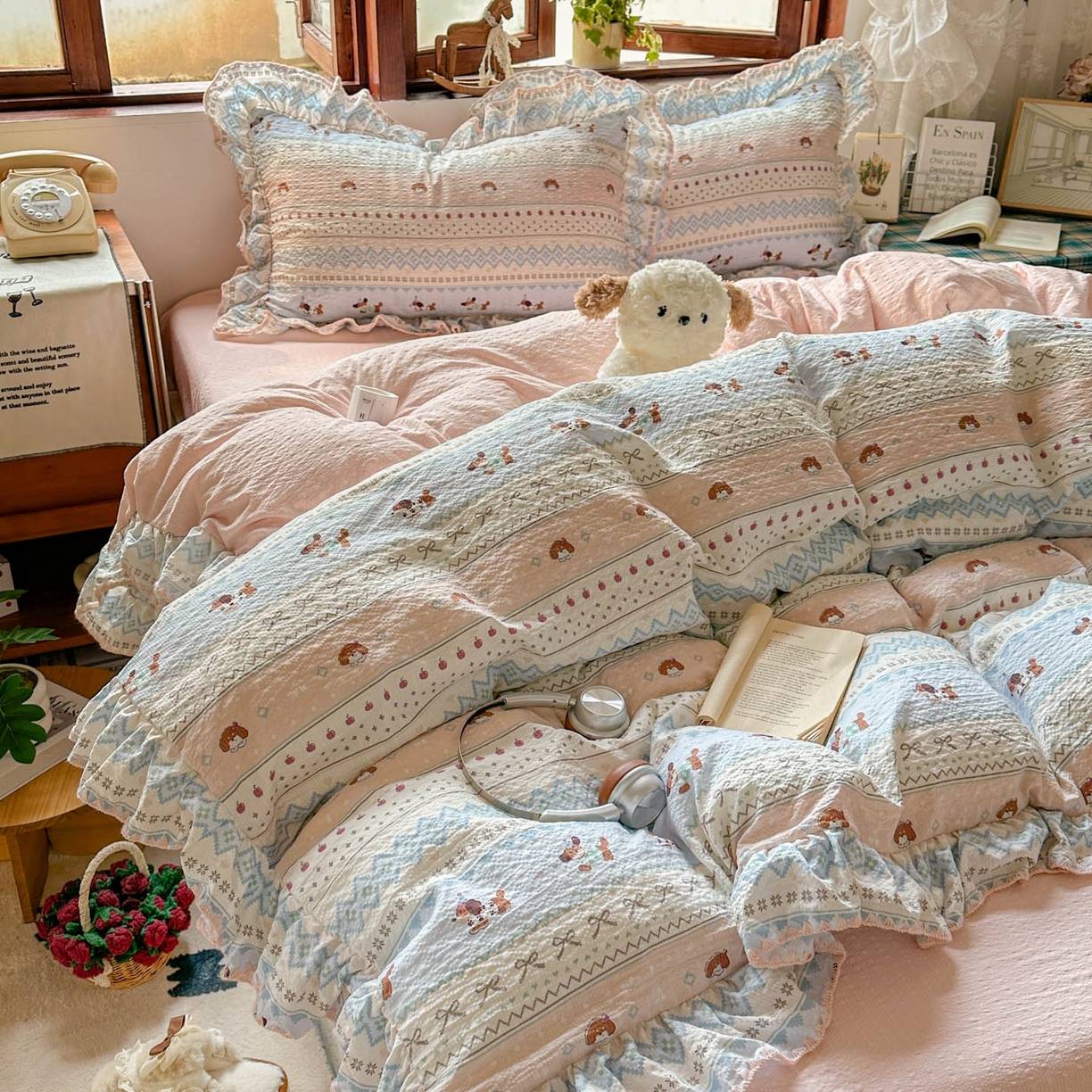 91家纺网 家纺一手货源 找家纺 梵克保罗 2026新款泡芙棉三角针被壳绣花边四件套 甜莓熊眠