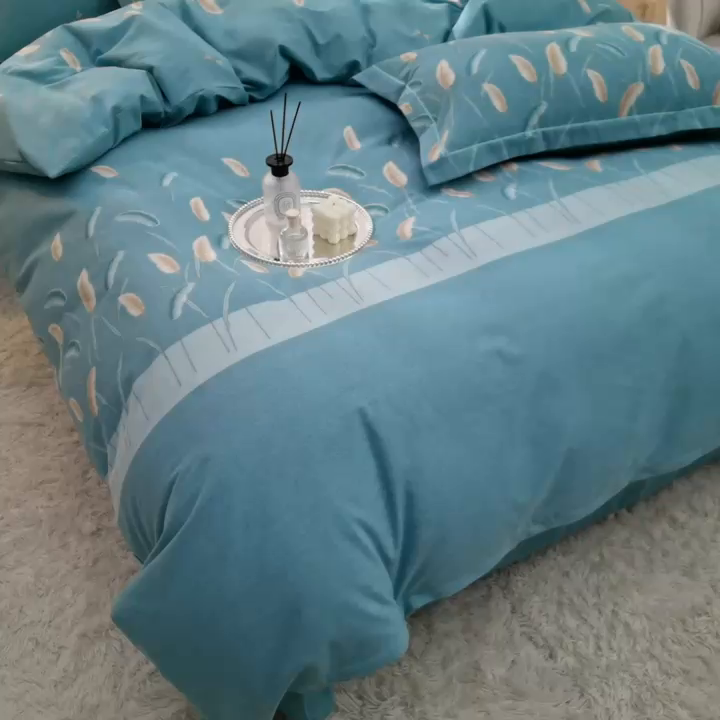 91家纺网 家纺一手货源 找家纺 董成龙 2026新款直播爆款加厚全棉活性磨毛四件套纯棉三件套 相思叶-蓝