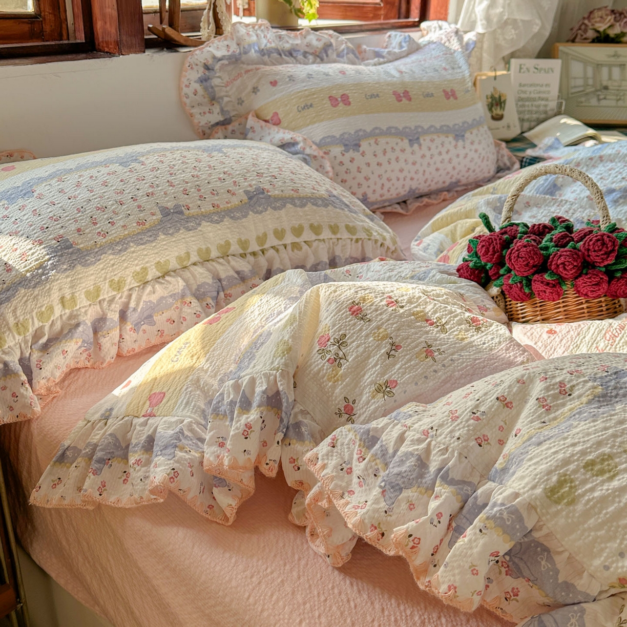 91家纺网 家纺一手货源 找家纺 梵克保罗 2026新款泡芙棉三角针被壳绣花边四件套 樱粉蝶织