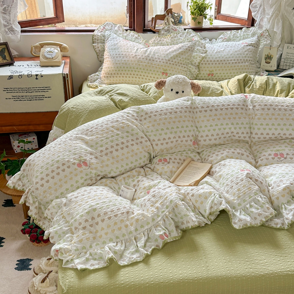 91家纺网 家纺一手货源 找家纺 梵克保罗 2026新款泡芙棉三角针被壳绣花边四件套 樱落甜心