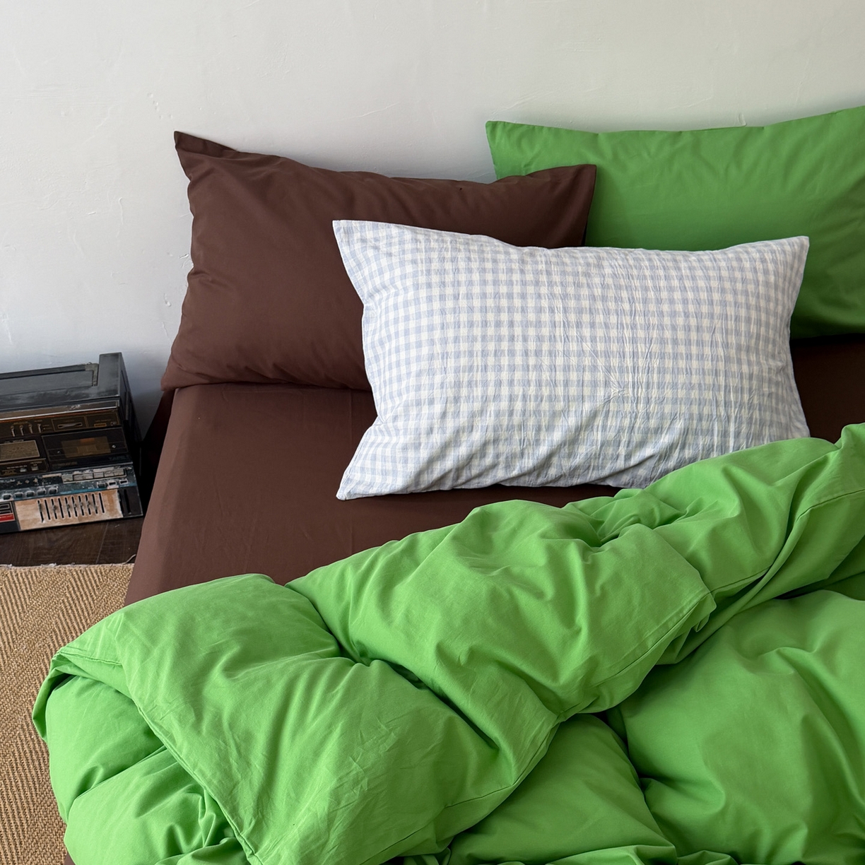 91家纺网 家纺一手货源 找家纺 （总）艾沁家纺 2026新款40S全棉水洗棉撞色四件套-青巧