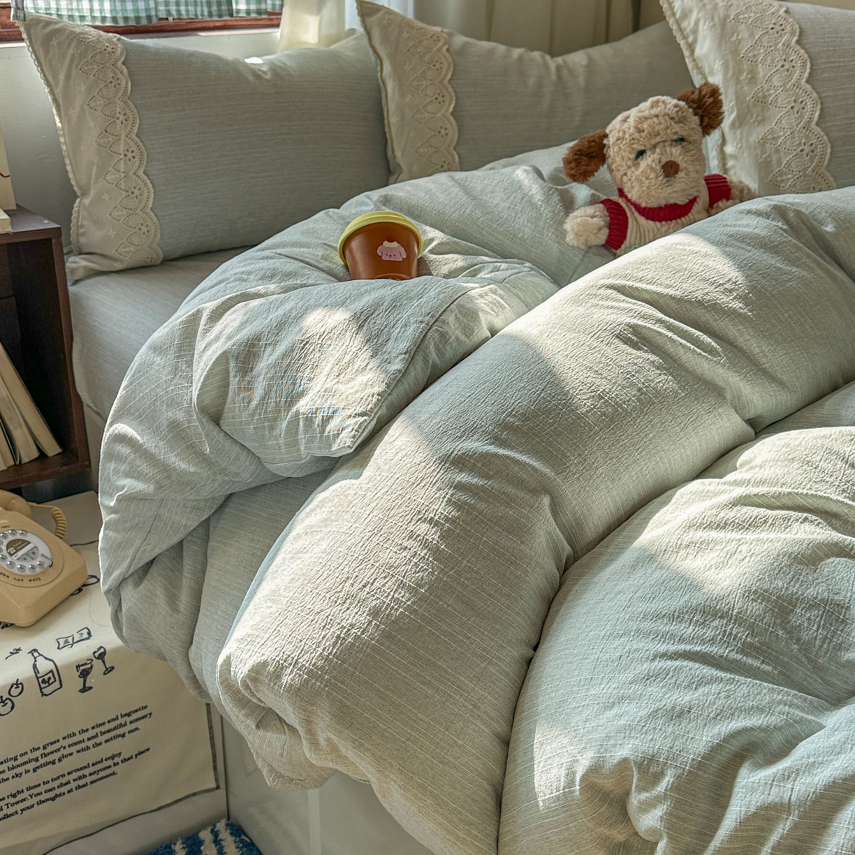 梵克保罗 2026新款色织提花镂空纯色四件套 薄荷纱幔