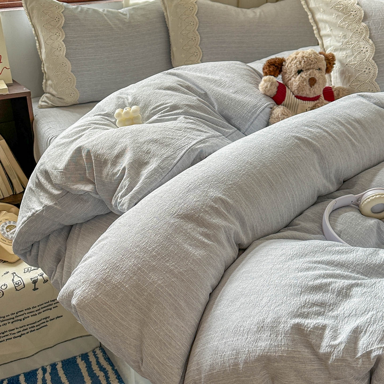 梵克保罗 2026新款色织提花镂空纯色四件套 蓝调慕斯