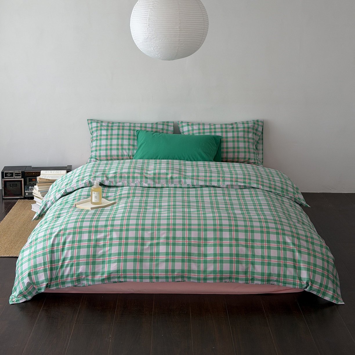 91家纺网 家纺一手货源 找家纺 （总）艾沁家纺 2026新款13372全棉数码印花小清新格子四件套-蜜桃青柠